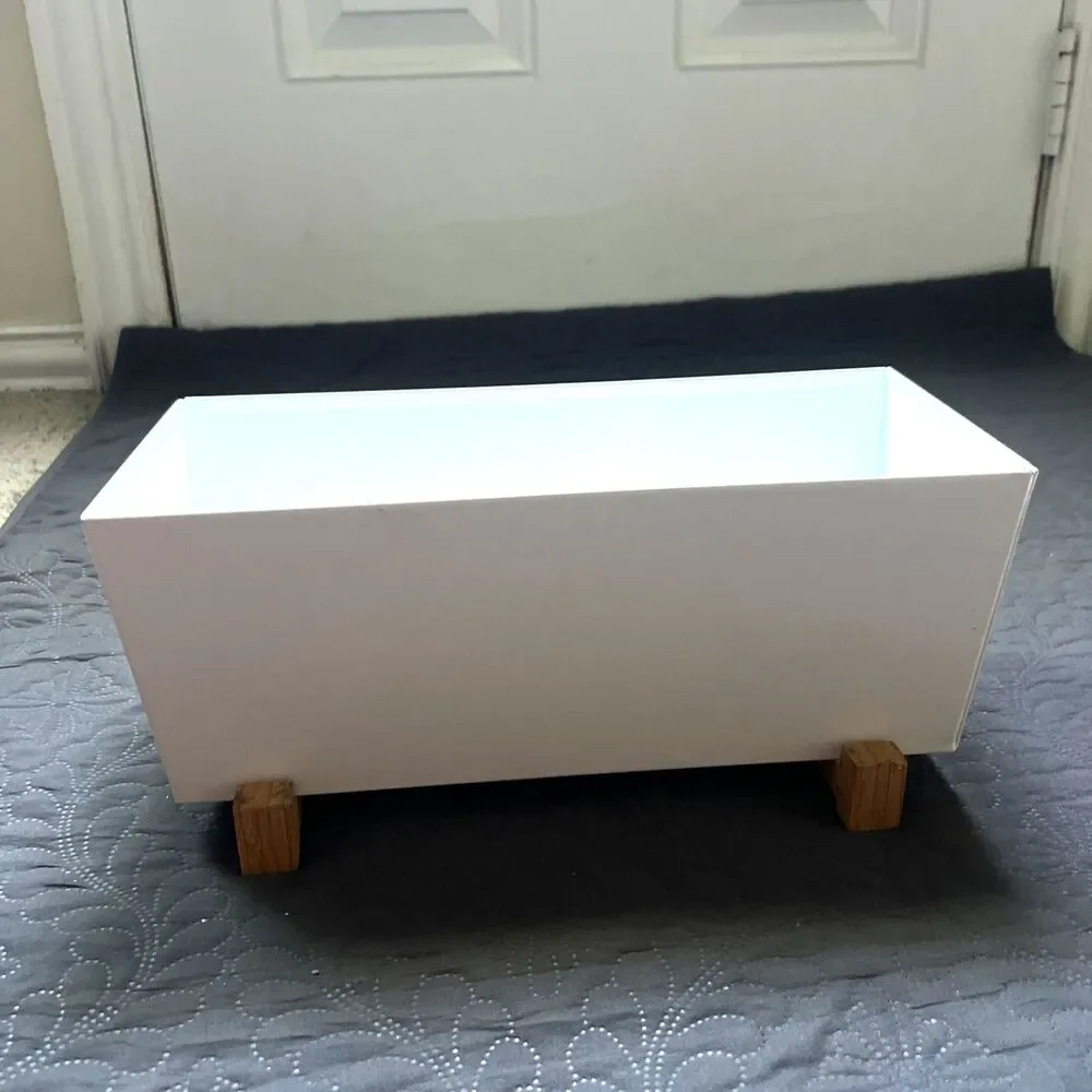 White IKEA Bittergurka Plant Pot with Wooden Stands 12 ½x6